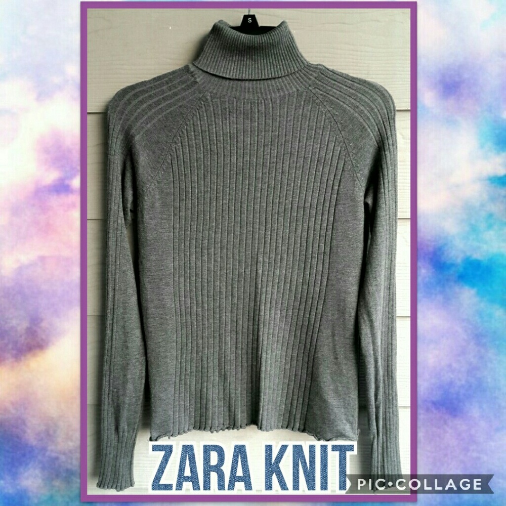 ZARA Grey Stretchy Ribbed Knit Lettuce Hem Casual Classic Basic Turtleneck